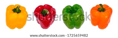 Bell peppers of different colors arranged in a row with water drops, isolated on white background. Macro photography of fresh vegetable Royalty-Free Stock Photo #1725659482