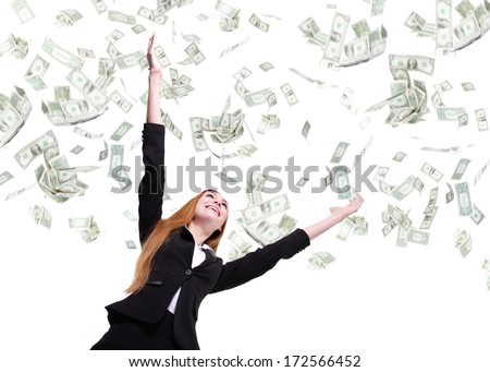 Excited Business woman happy look up forward under a money rain - isolated over a white background