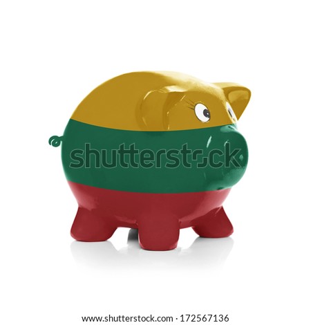 Piggy bank with flag painted over it isolated on white - Lithuania