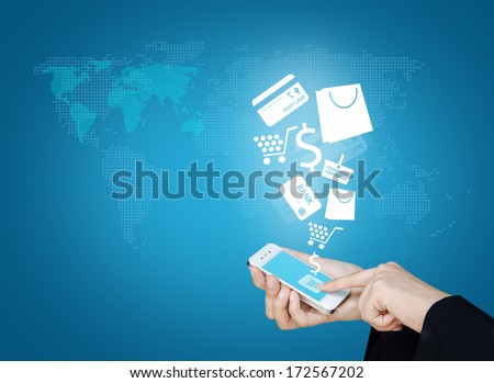 Touch screen mobile phone to display business icon and technology, Design concept of technology information and e-commerce 
