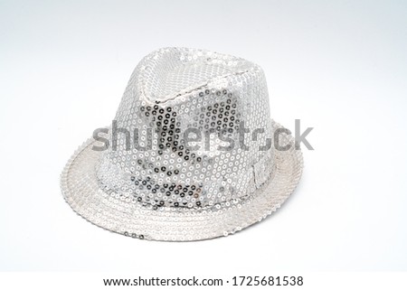 Theme party hats. Colorful shiny stylish costume parts. Black official hat. Sides up - gentleman hats. Explorer hat - for jungle or club. white clean background. Photo shoot pictures. Shiney hats
