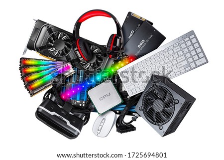 computer component collage concept. Various pc hardware like motherboard cpu keyboard graphics card RAM SSD and RGB LED lights isolated on white background Royalty-Free Stock Photo #1725694801