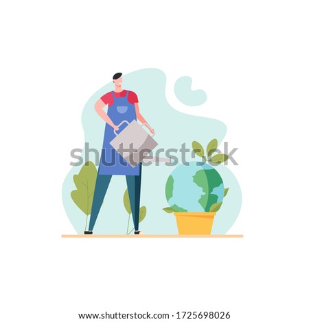 Man watering Earth planet with watering can. World Environment Day. Concept of environment, ecology, nature protection. Vector illustration in flat design for UI, banner, mobile app.