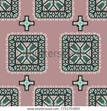 vector rounded square and cross ethnic seamless pattern on earth tone pink