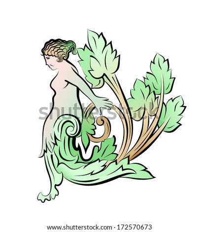 Vector drawing with calligraphic design elements. Woman and foliature.