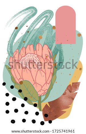 Summer composition with abstract shapes and elements of nature on the white isolated background. Printable poster.