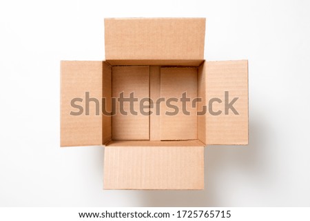 Open empty rectangular cardboard box on white background. Mockup for design and advertising. Brown craft paper or carton box mock up. Top view Royalty-Free Stock Photo #1725765715