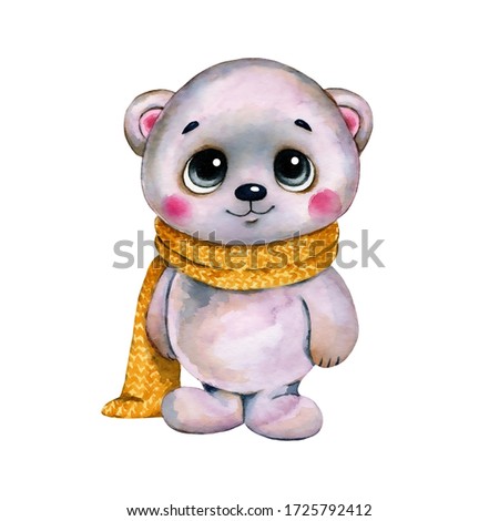 Watercolor illustration of a cute cartoon violet bear with a yellow scarf isolated on a white background