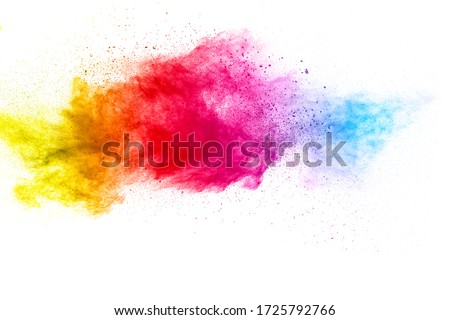 Multicolored particles explosion on white background. Colorful dust splatter. Royalty-Free Stock Photo #1725792766