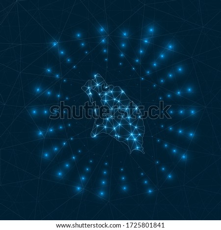 Barbuda digital map. Glowing rays radiating from the island. Network connections and telecommunication design. Vector illustration.
