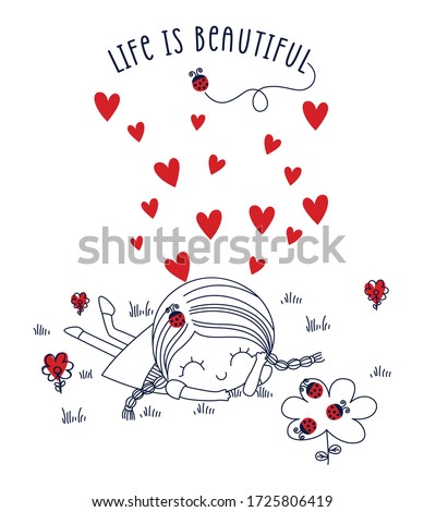life is beautiful. cute girl. heart. flower and ladybug. girl graphic tees vector illustration design and other uses