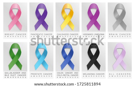 Set of realistic awareness ribbons different color. Cancer Ribbon.