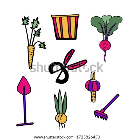 Vector image isolated on a white background. In doodle style. Seth cottage. Carrots, scissors, shovel, chopper, bulb plant, radish, rake. Coloring, stickers, garden products.