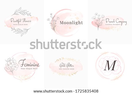 Feminine logos collection, hand drawn modern minimalistic and floral and watercolor badge templates for branding,  identity, boutique, salon vector Royalty-Free Stock Photo #1725835408