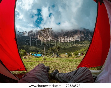 First person view from inside a tent at the Roraima tepuy base camp