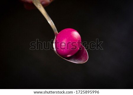 Painting chicken eggs for the Easter holiday. A woman's hand holds a spoon with a red egg. Close-up photo.
