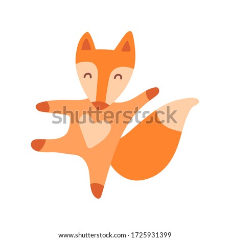 Little red fox waves paws isolated on a white background. Cute print for the design of toys, clothes, shoes, goods for children. Wild animal in the Scandinavian stele. Cartoon fox in a flat style