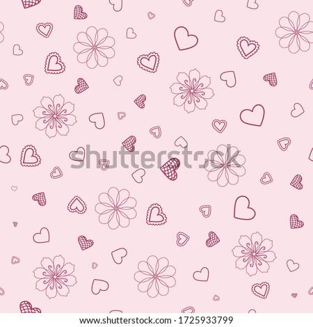 Romantic seamless pattern with hearts and on a pink background. Hand draw style. Pattern design for valentines day. Stock vector illustration.