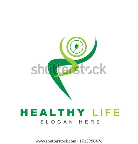 Health logo template. Human character sign with natural green leaf concept. Vector Illustration and symbol can use for branding herbal product, pharmacy, environment issue, medical wellness, clinic