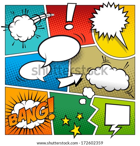 A high detail vector mock-up of a typical comic book page with various speech bubbles, symbols and sound effects and colored Halftone Backgrounds. Royalty-Free Stock Photo #172602359