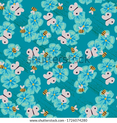 Forget me not flowers, bees and butterflies seamless vector pattern. Summertime meadow surface print design. For fabrics, stationery and packaging.