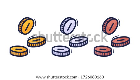 Coin Vector illustration of a gold, silver and bronze old coins. Hand drawn pirated old coins.