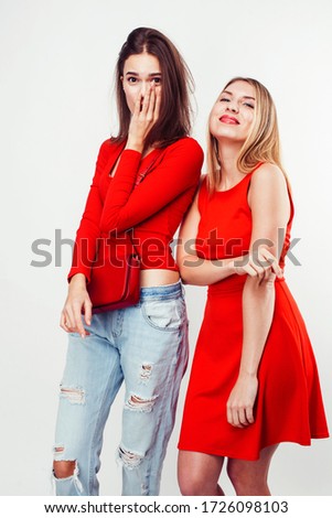 best friends teenage girls together having fun, posing emotional on white background, besties happy smiling, lifestyle real people concept