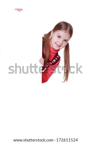 little girl and blank, white board with empty space for text or picture
