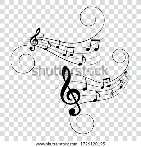 Set of music notes with swirls, vector illustration. Royalty-Free Stock Photo #1726120195