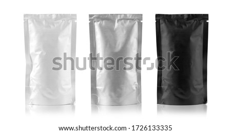 Mockup Stand Up Blank Bag black , gray and white For Coffee, Candy, Nuts, Spices, Self-Seal Zip Lock Foil Or Paper Food Pouch Snack Sachet Resealable PackagingWith clipping path Royalty-Free Stock Photo #1726133335