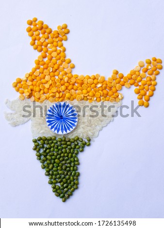 Indian map made with pulses and rice, arhar dal, rice, moong dal, top view, with white background, image