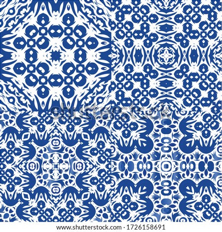 Portuguese ornamental azulejo ceramic. Collection of vector seamless patterns. Kitchen design. Blue vintage backdrops for wallpaper, web background, towels, print, surface texture, pillows.