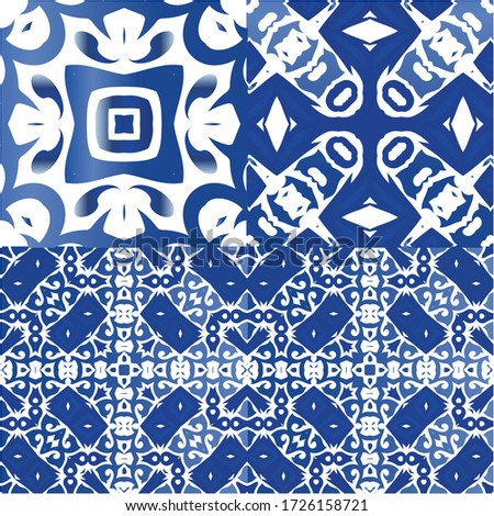 Ornamental azulejo portugal tiles decor. Graphic design. Collection of vector seamless patterns. Blue gorgeous flower folk prints for linens, smartphone cases, scrapbooking, bags or T-shirts.