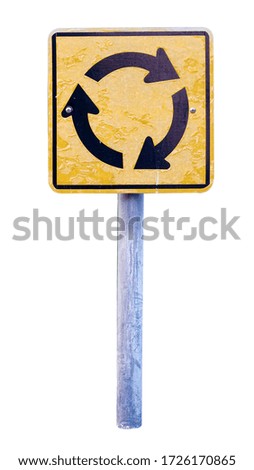 
Traffic sign showing roundabout old condition on white background
