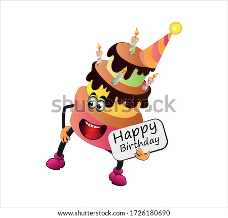Happy birthday card. Funny cake and balloon friends. Vector illustration. Use for card, poster, banner, web design and print on t-shirt. Easy to edit.