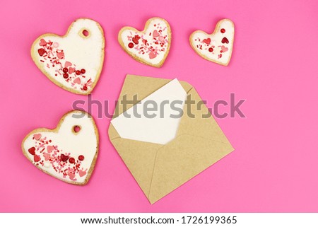 Cookie hearts and Envelope with space for text, letter, greeting card