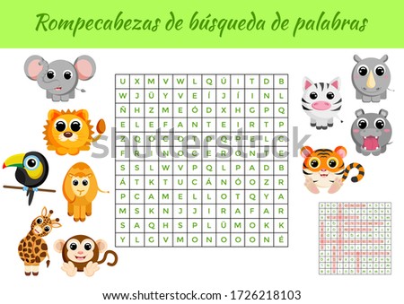 Rompecabezas de búsqueda de palabras - Word search puzzle. Educational game for study Spanish words. Kids activity worksheet colorful printable version with answers. Vector stock illustration
