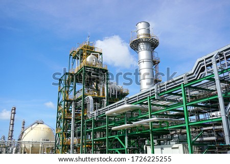 Gas turbine power plant is part of the chemical production process at olefin factory. Royalty-Free Stock Photo #1726225255