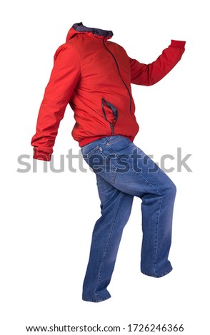 red men's jacket and blue jeans isolated on white background.casual clothing