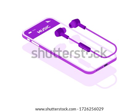 Wireless vacuum headphones with a built-in microphone over a smartphone with a music application. Vector isolated isometric illustration in purple colors on a white background.
