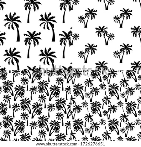 Black palm trees silhouette seamless pattern isolated on white background set. Vector monochrome simple flat illustration. Endless beach palms texture. Sample contour summer hawaii design background.