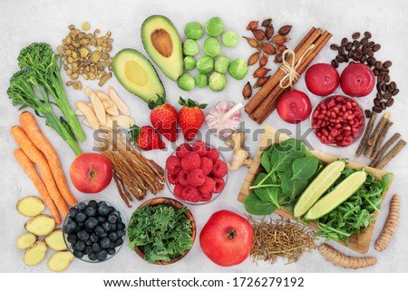 Asthma and respiratory relieving healthy vegan food with herbs and spice used in natural & Chinese herbal medicine. High in antioxidants, anthocyanins, protein, omega 3, minerals & vitamins. Flat lay. Royalty-Free Stock Photo #1726279192