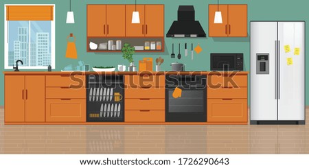 Modern kitchen Interior, with furniture. Flat style vector illustration. Cozy home interior style.