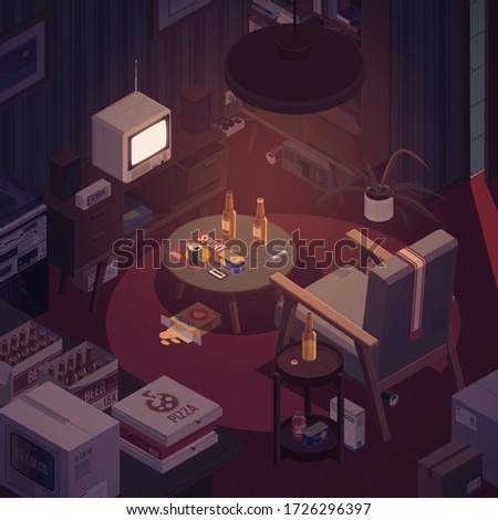 Messy living room interior with old vintage furniture, television, rubbish, beers and pizza boxes, isometric 3D illustration
