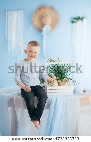 Stock Photo -  Little boy play with gosling and rabbit indoors in spring. Decorated home and spring flowers. Family celebrating Easter