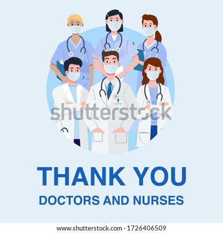 Frontline heroes, Illustration of doctors and nurses characters wearing face masks. Vector Royalty-Free Stock Photo #1726406509