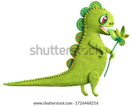 
good green dragon with a flower, illustration on white background