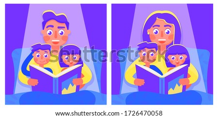 Parents read a book to their children in turn every evening. They share family responsibilities. Vector illustration