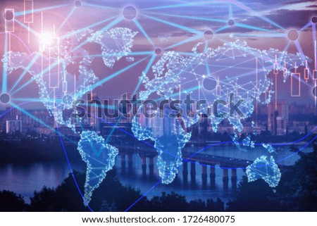 Global communication technology concept. World map illustration on city background