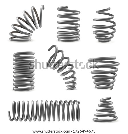 Set of various shaped metal springs tapering, expanding in different places. Compressed, extended coils, spirals icons. Heliciform, helicoid, spiraliform objects vector collection isolated on white. Royalty-Free Stock Photo #1726494673